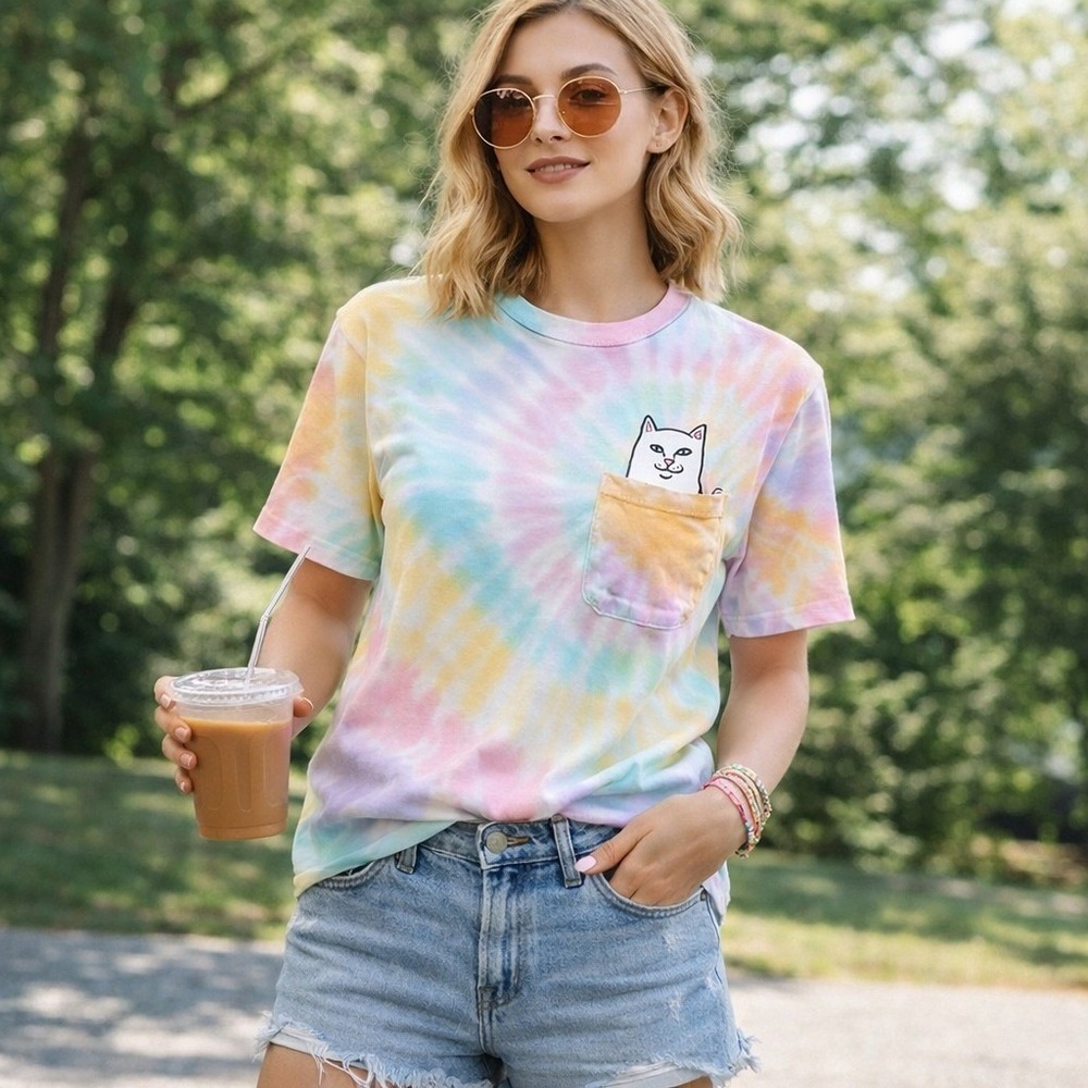 RIPNDIP Tie Dye Pocket Lord Nermal Cat T Shirt‎ Large Pastel Swirl Graphic Tee